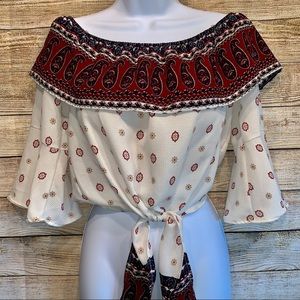 Paisley Ruffles Tie Know Crop Top Over Shoulders
